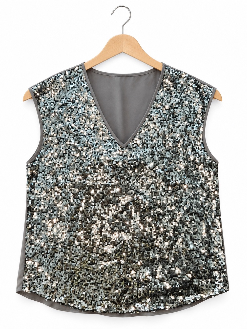 NY&Co Sequin Blouse Womens Size Large L Silver Grey V-Neck Sleeveless Holiday